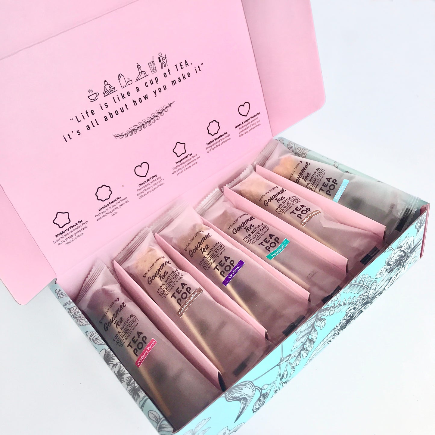 Geschenkbox Tea-Pop Sticks, 6 unserer Lieblingsmischungen, 18 Sticks pro Box