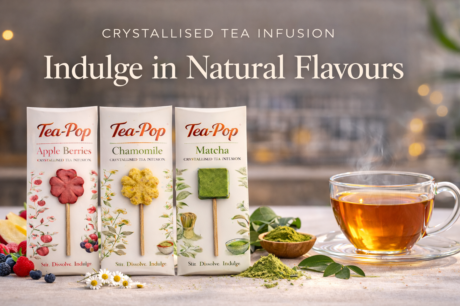 Three Tea-Pop packages with tea bags and a steaming cup of tea on a wooden surface.